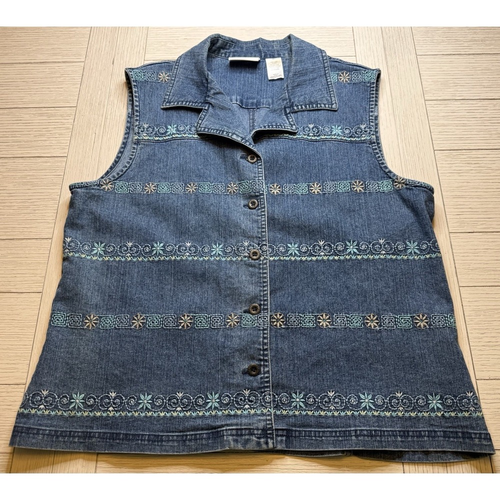 Alfred Dunner Blue Denim Collared Button Up‎ Embroidered Sleeveless Top 12 Boho